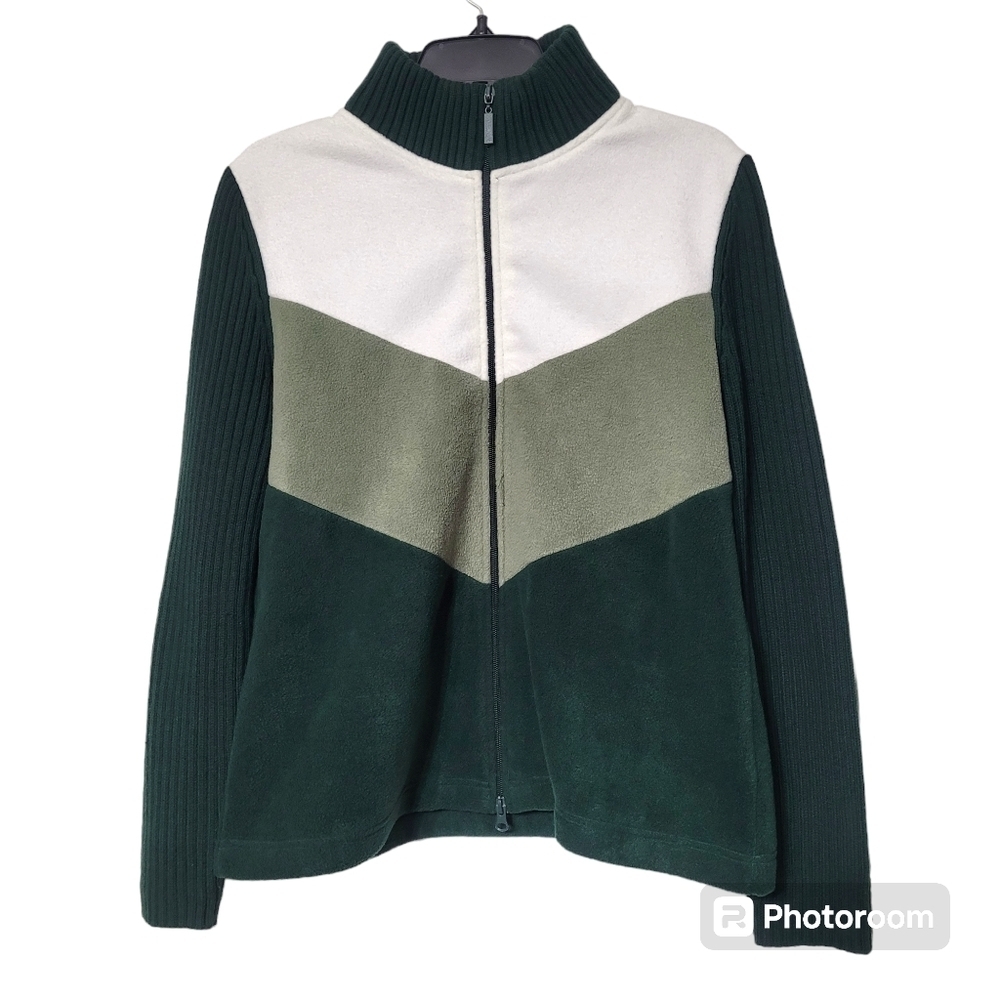 Women's Green Color Block Full Zip Jacket With Stretchy Ribbed‎ Sleeves Size XL